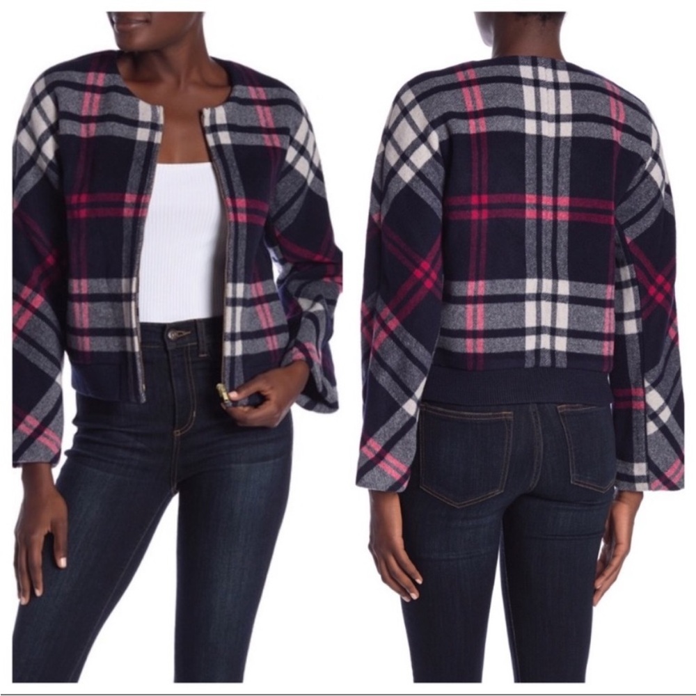 J. Crew Navy Plaid Wool Bomber Jacket with Pink Accents - Picture 4 of 9